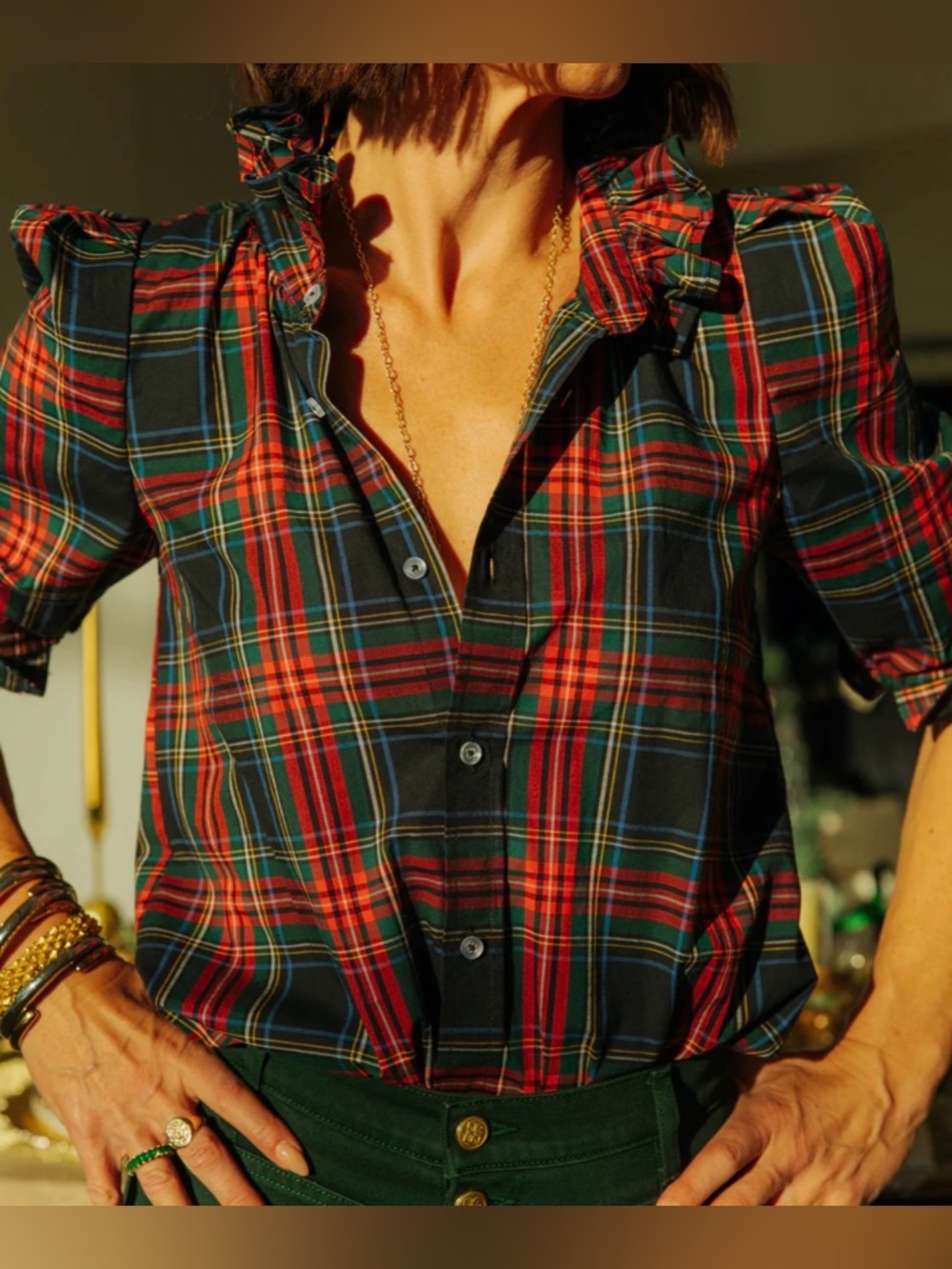 KMJ Kate McHale Jensen Bontina Plaid Shirt with Ruffle Collar Size Medium